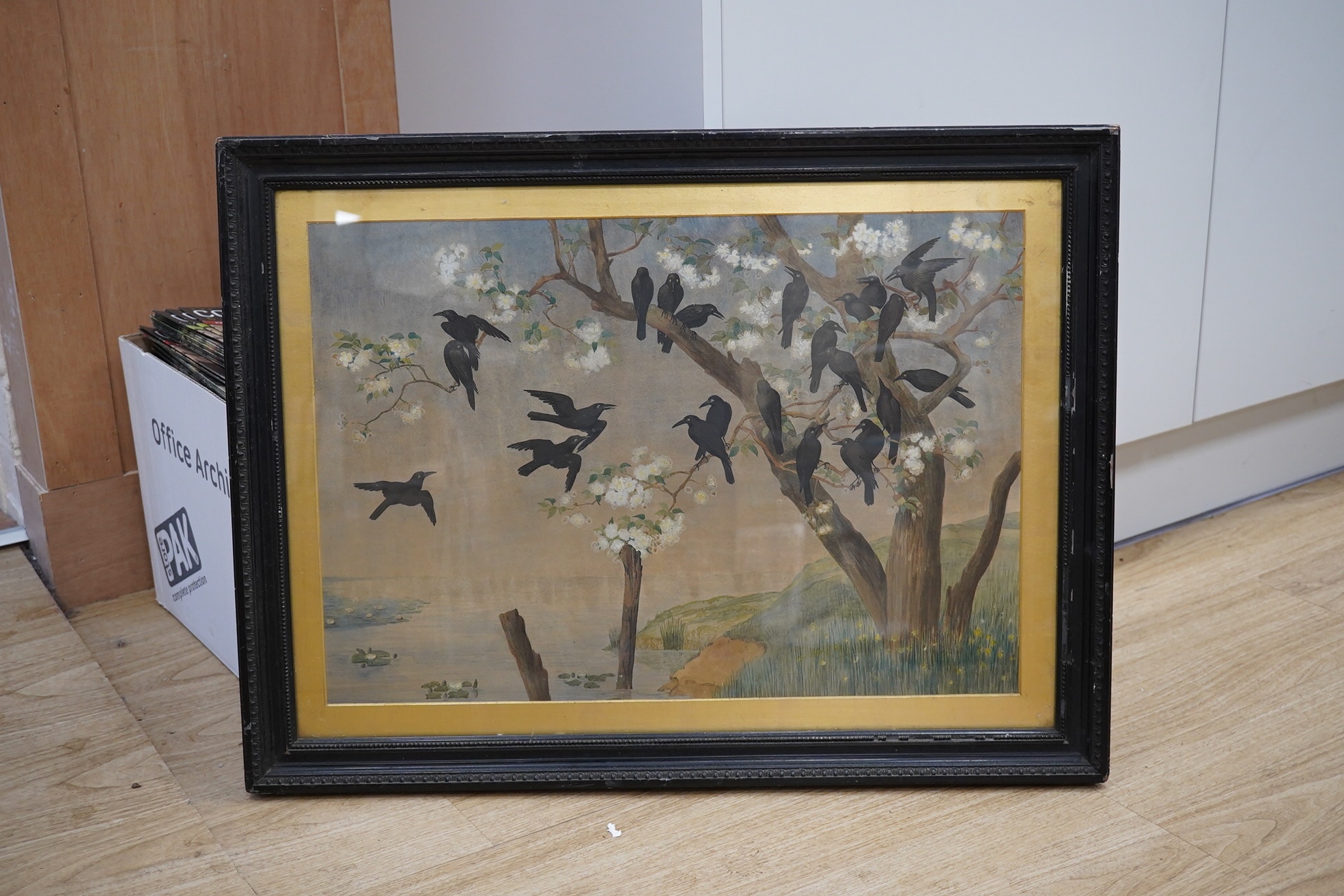 Early 20th century School, watercolour, 'A murder of crows and cherry blossom', unsigned, 39 x 57cm, housed in ebonised frame. Condition - poor to fair, discolouration throughout